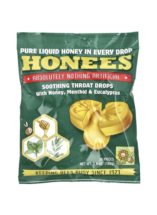 Honees, Soothing Throat Drops with Honey, Menthol & Eucalyptus, 20 Pieces, 3.5 oz (100 g)